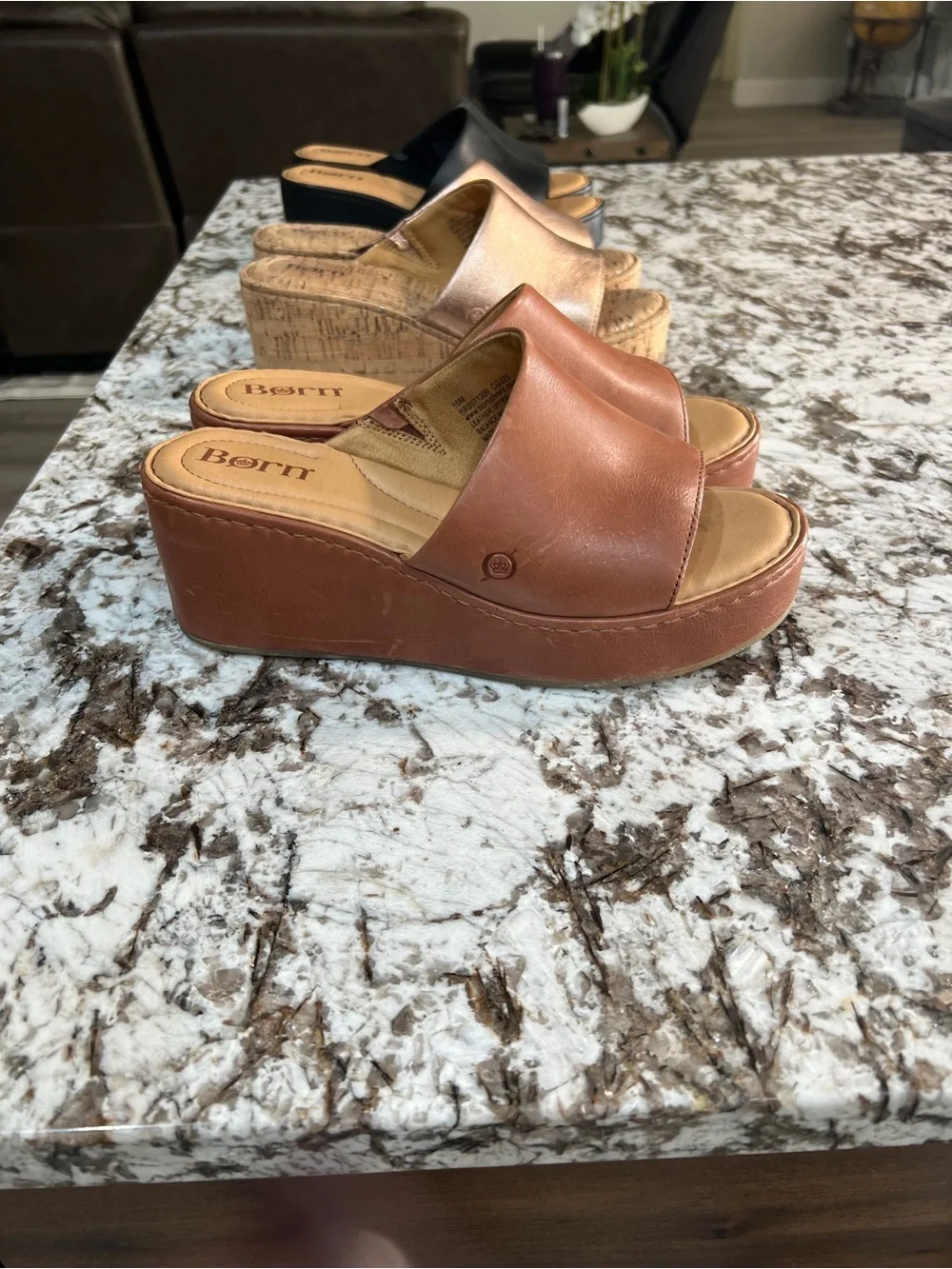 Born Brown Leather Platform Slide Wedges